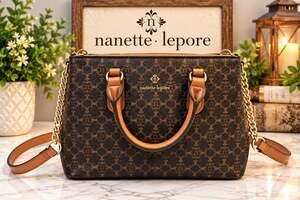 Nanette Lepore Signature Monogram Satchel Crossbody Purse Brown Tan Scarf Accent